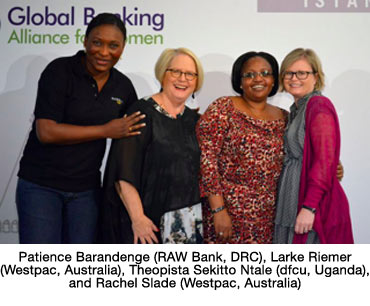 Patience Barandenge (RAW Bank, DRC), Larke Riemer (Westpac, Australia), Theopista Sekitto Ntale (dfcu, Uganda), and Rachel Slade (Westpac, Australia)